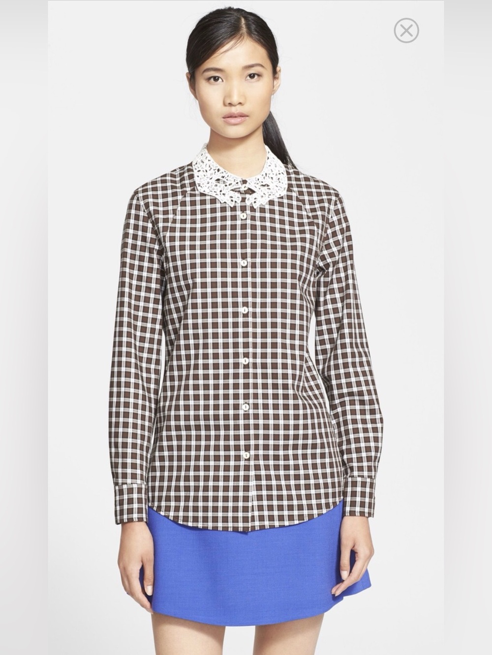 Vivetta Lace Hand Collar Brown Plaid Button-Down Shirt IT 38